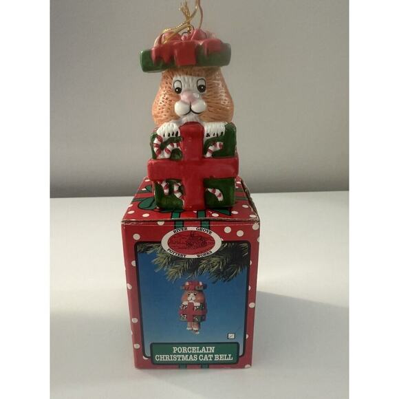 VTG River Grove Porcelain Christmas Cat Bell Ornament Tree - Picture 1 of 7